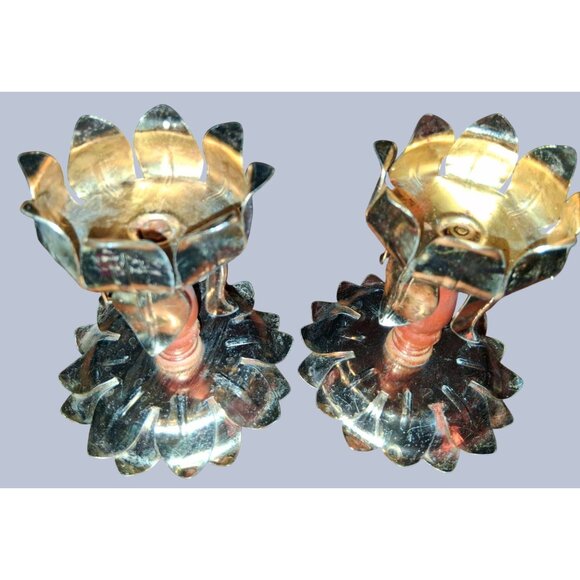 Lotus Flower Brass Wood Flower Petal Candle Holders Set Of 2 - Picture 8 of 9